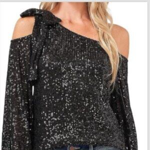 CeCe Sequin One Shoulder Top. 2X. Charcoal.